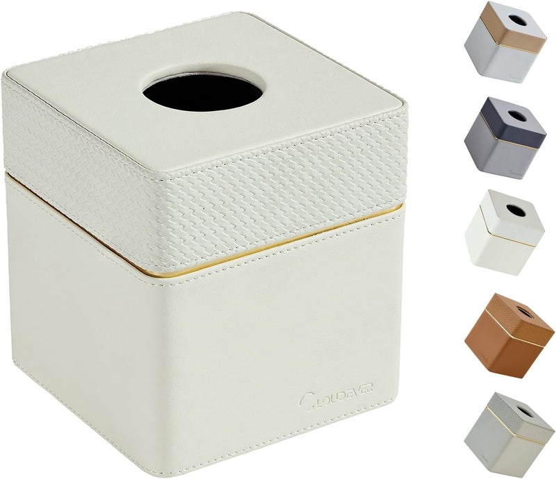 cloudever Tissue Box Holder Cover Square, Modern PU Leather Decorative Tissue Cube Holder Organizer-Woven White - Image 1